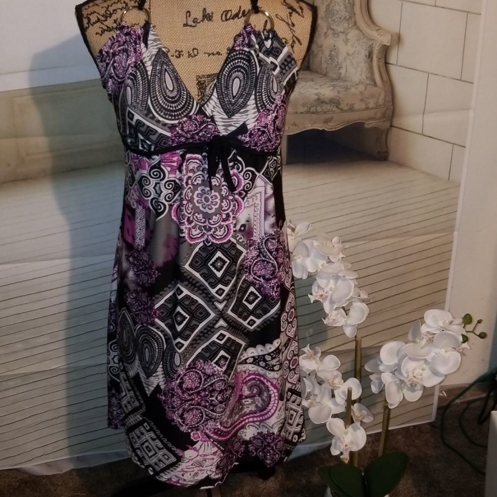 Jon & Anna purple and black halter dress.